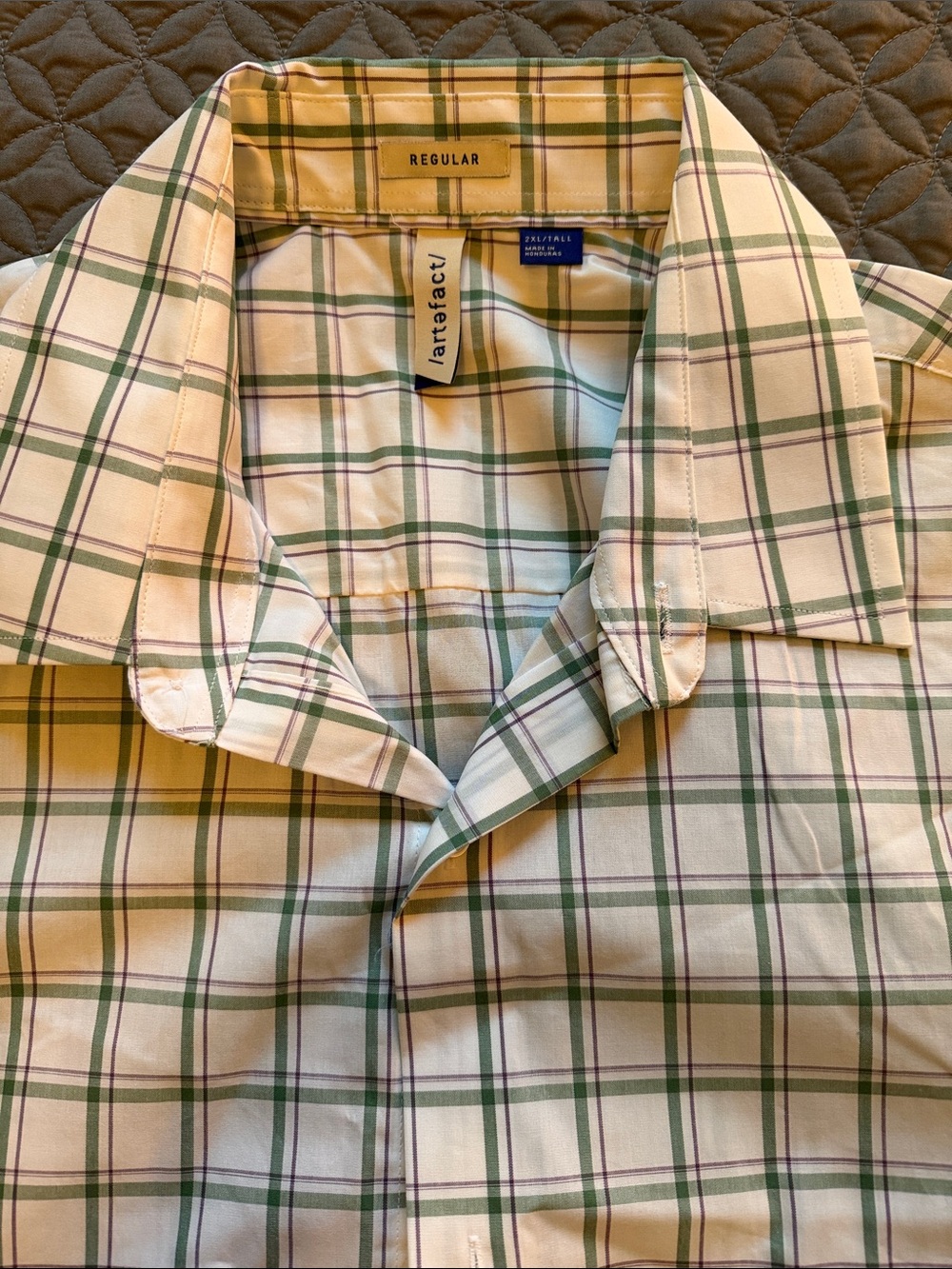 Cream and Green Plaid Button-Down Shirt